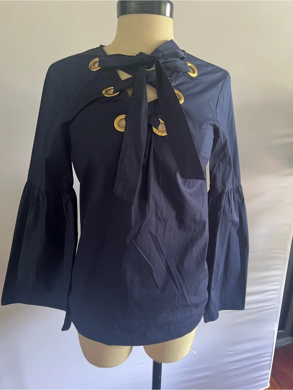Michael Kors Women's Navy Tie-Neck Top with Gold Eyelet Detail Size XXS